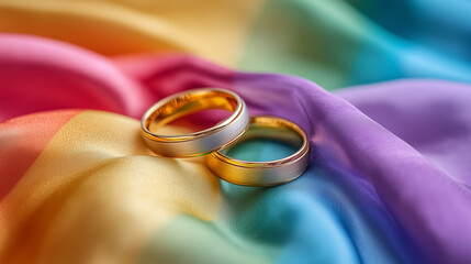 Two Golden Wedding Rings on a Silky Rainbow LGBTQ+ Flag Symbolizing Love and Marriage Equality
