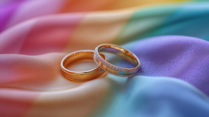 Two Golden Wedding Rings on a Silky Rainbow LGBTQ+ Flag Symbolizing Love and Marriage Equality