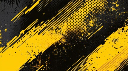 Abstract grunge background with diagonal yellow and black stripes, splatters, and dots.