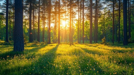 Fototapeta premium Serene Sunrise in Forest with Sunlight Streaming Through Trees