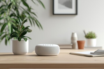 Modern smart home automation device in cozy living room setting