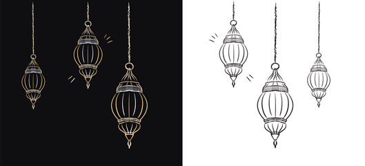 Set of golden and black hand drawn linear traditional Muslim lanterns on white and dark background as a Muslim decor for Islamic designs. Illustration of outline hanging lamps