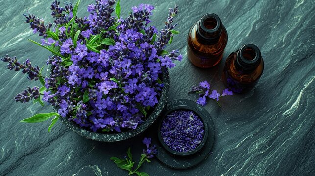 Essential oils arranged with violet flowers, black marbled coasters, and a calming lavender mist spray for a balanced aesthetic.