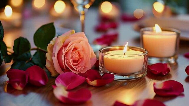 Romantic dinner, candles, rose, petals, outdoor setting, date night