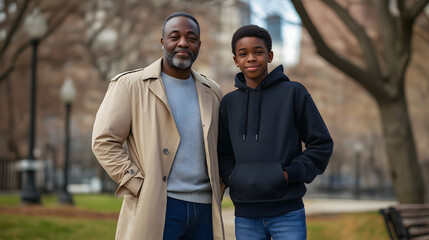 A father and son smile together in the park, embracing their bond and enjoying the warmth of spring, surrounded by nature, relaxed in casual wear, and creating joyful memories.