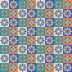 Middle-eastern seamless pattern with colorful geometric floral Arabic arabesque in teal, orange, beige, blue. Islamic geometric patterns, endless background, wallpaper with a modern, festive aesthetic