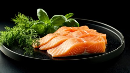 Salmon Fillet with Herbs: Succulent pieces of fresh salmon fillet, artfully arranged on a dark slate plate and garnished with fragrant dill and basil.  A culinary masterpiece ready to be cooked. 