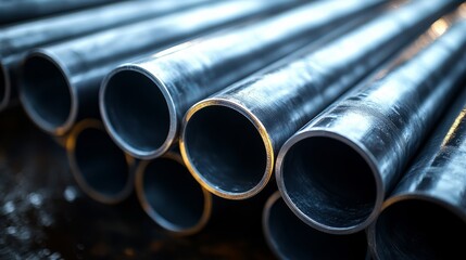 Fototapeta premium Stacked metal pipes shine under warm workshop lights, showcasing craftsmanship