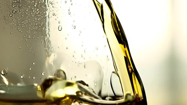 Close-up, slow zoom in video of white wine being poured into a champagne flute on a bar top, with natural lighting
