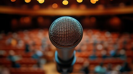 Stage Microphone: Awaiting Voices in Warm Auditorium Lighting