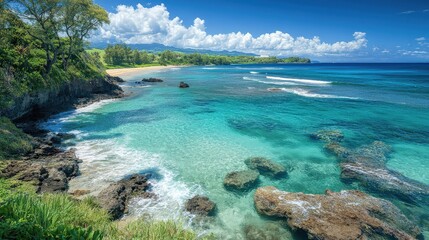 Obraz premium High-angle view of a beach with clear waters and gentle waves, surrounded by lush greenery, capturing the tranquility of the scene.