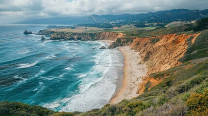 Fototapeta premium High-angle view of a rugged coastline with crashing waves and sandy shores, illustrating the dynamic interaction between land and sea.