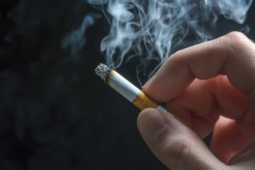 A person holds a cigarette in their hand, relaxed and casual