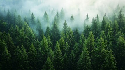 Fototapeta premium Lush Green Forest with Misty Atmosphere at Dawn in Nature