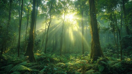 Enchanting Forest Scene with Sunlight Filtering Through Trees