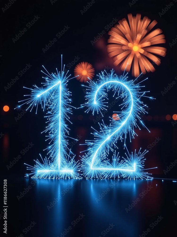Poster Isolated Numbers Set With A Blue Sparkler Effect Against A Black Background While Fireworks Burn In The Distance. 00002