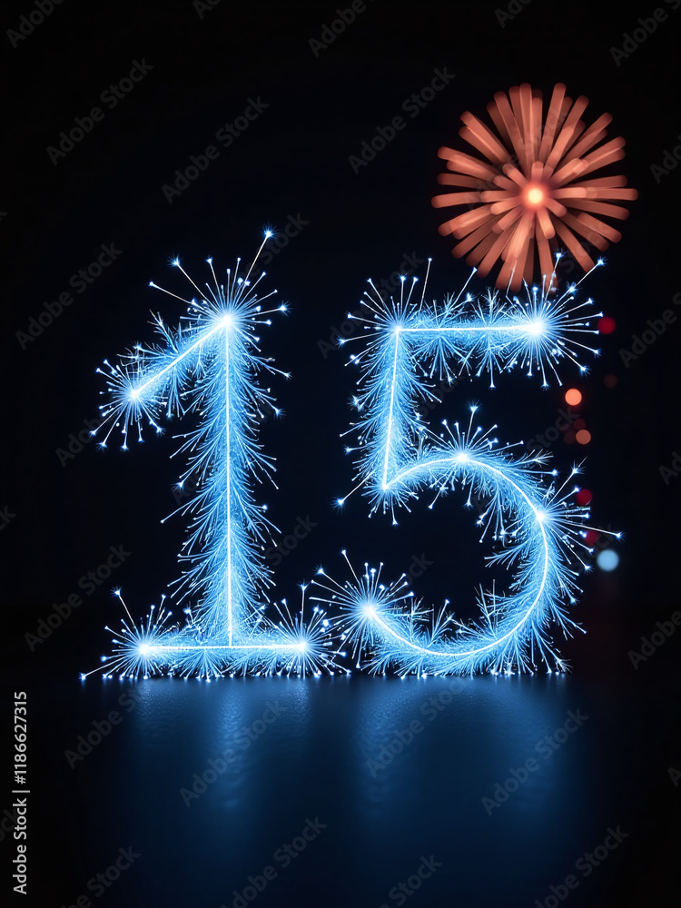Aufkleber isolated numbers set with a blue sparkler effect against a black background while fireworks burn in 
