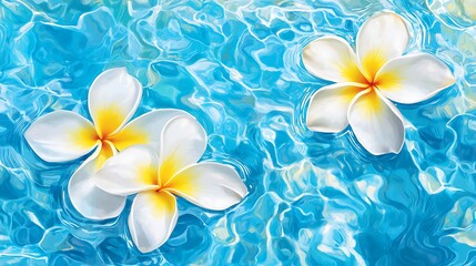 White flowers floating on blue water.
