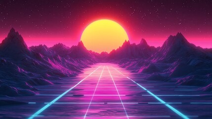 Retro synthwave landscape with glowing road leading to large sun and mountains at night.
