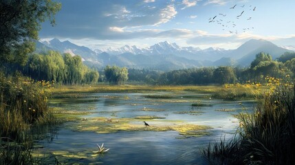 Tranquil Mountain Lake With a Bird