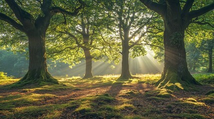 Naklejka premium Sunbeams Filter Through Lush Trees in Serene Forest Landscape