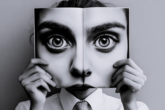 Femme tenant un magazine de mode ouvert sur une double page comportant des yeux en gros plan