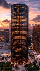 Obraz premium Glowing Skyscraper at Dusk A View of the Illuminated City,. Modern Architecture and Urban Skyline