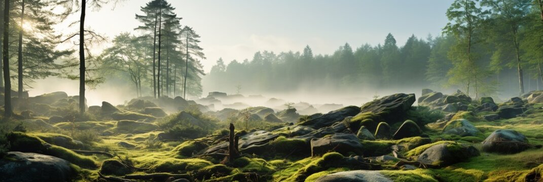 The dense, slumberous forest with trees among moss-covered stones in the morning mist