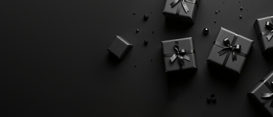 A stylish arrangement of black gift boxes with bows, perfect for celebrations.