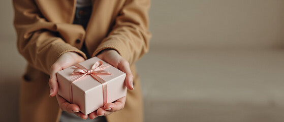 A beautifully wrapped pink gift box held by hands, perfect for any celebration.