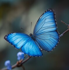 A magnificent blue butterfly perched gracefully on a branch.