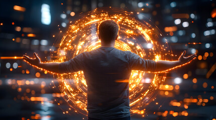 Digital persona with glowing protective aura, arms outstretched, surrounded by vibrant energy in futuristic cityscape, evoking sense of power and wonder