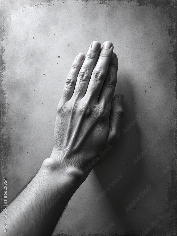 Poster image of a hand praying with fingers reaching for light on a textured black and white paper backgrou