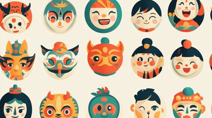 Colorful Circular Asian Inspired Masks and Faces