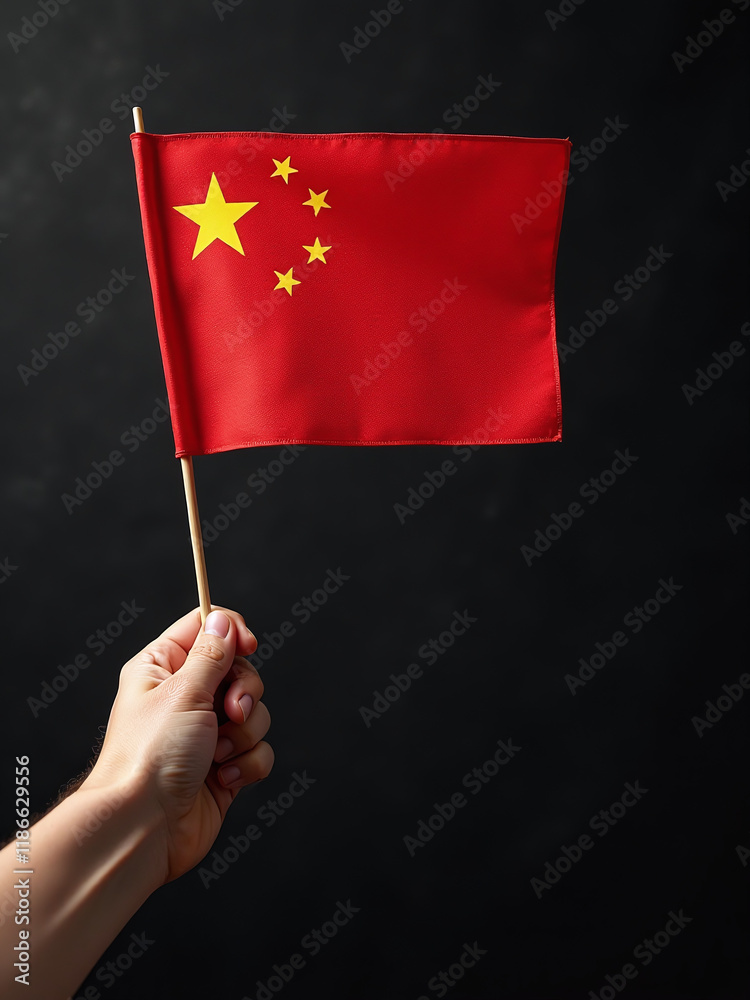 Aufkleber image of a hand holding a chinese flag on a textured black background with plenty of space for copyi