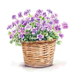 A watercolor painting of a Verbena bouquet in a basket, isolated on a white background. Verbena bouquet vector.
