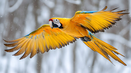 Colorful macaw parrot flying isolated on white.