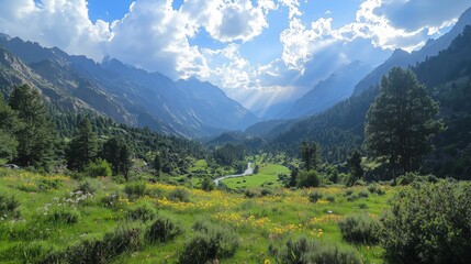 Obraz premium Serene Mountain Landscape with Lush Green Valley and Dramatic Sky