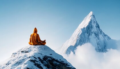 Person meditating on snowy mountain peak with majestic mountain in background.