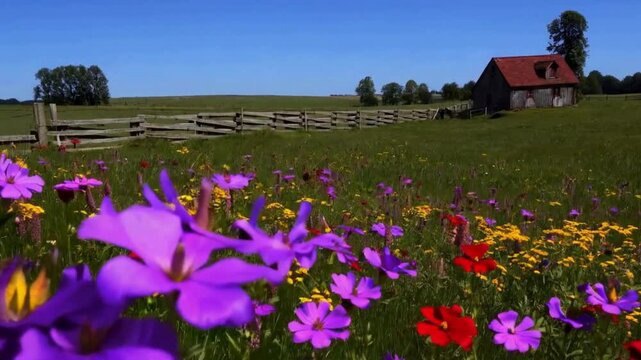 Colorful Wildflower Meadow with Rustic Barn and Split Rail Fence Under Blue Sky