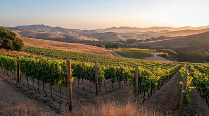 Fototapeta premium Serene Sunrise Over Lush Vineyard Landscape in Rolling Hills