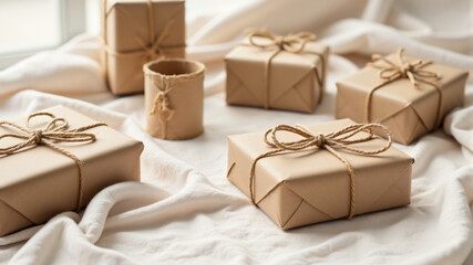A collection of elegantly wrapped brown gifts featuring twine accents, perfect for any occasion.