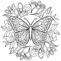 Butterfly and blooming flower hand drawn for adult coloring book