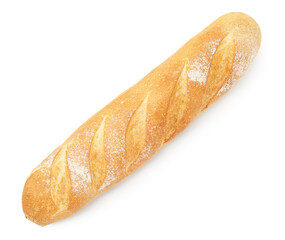 One freshly baked baguette isolated on white, top view
