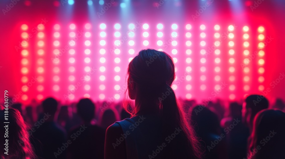 Poster a large audience gathers at an energetic concert, illuminated by bright stage lights. the atmosphere