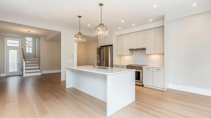 Modern open concept minimalist kitchen with sleek design and natural light