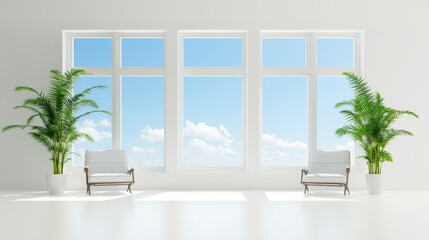 Bright living room with large windows, natural light, and green plants