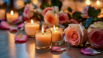 Roses and candles glowing softly, peaceful remembrance