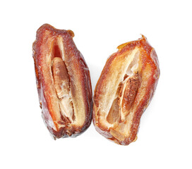 Pieces of dried date isolated on white, top view