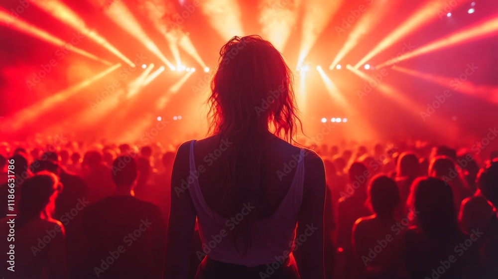 Poster a crowd gathers in excitement as vibrant red lights illuminate the stage. music fills the air, creat